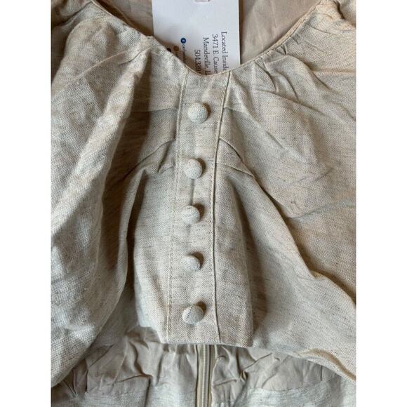 Luxxel Top Size Medium Beige Linen Rayon Button Puff Sleeve Cropped Bohemian - Picture 4 of 12